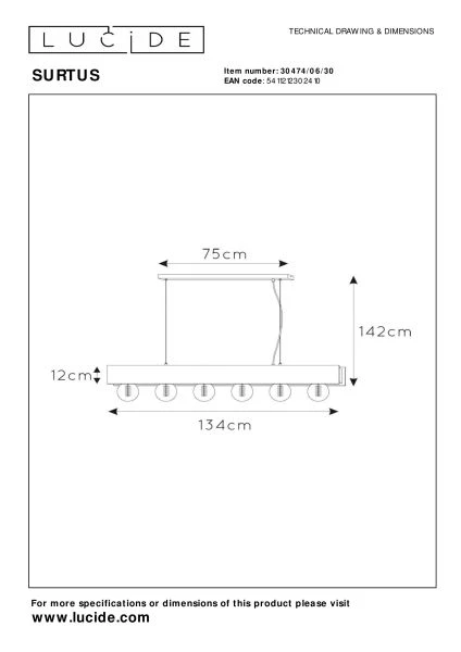 Lucide SURTUS - Pendelleuchten - 6xE27 - Schwarz - technisch